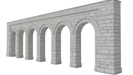 Series of five white stone arches connected by a continuous wall structure isolated on a transparent background