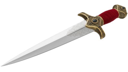 Ornate dagger PNG isolated on transparent background, medieval weapon with red handle and golden accents for fantasy and historical designs