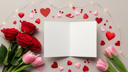 Valentines day flat lay with red roses pink tulips blank card and hearts scattered on gray background with fairy lights romantic surprise gift concept