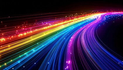 Abstract Rainbow of Light: A vibrant display of colorful light trails streaks across a dark backdrop, creating an abstract and dynamic visual representation of energy and movement.
