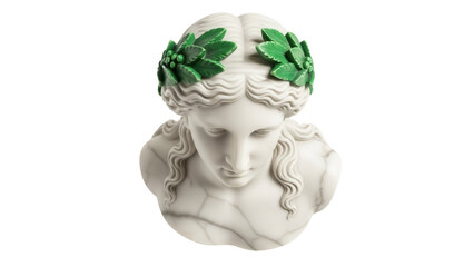 Marble bust of a woman with a laurel wreath PNG isolated on transparent background, classical...
