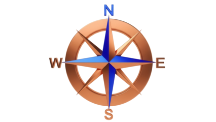 3D compass rose isolated PNG, directional navigation tool with north south east west for geography, travel and exploration concepts