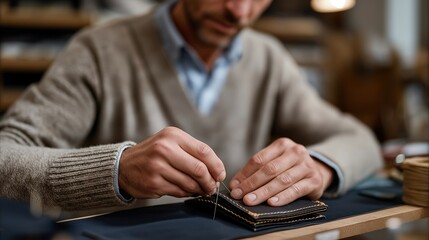 Leather craftsman stitching a wallet by hand using waxed thread and metal needles, macro focus on precision, patience, and slow fashion values. cinematic color correction, natural uneven lighting