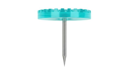 Aqua blue push pin isolated PNG on transparent background, office supply for bulletin boards and cork boards, tack for presentations