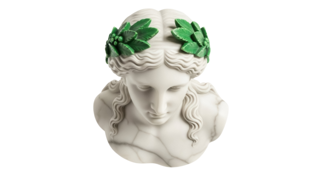 Marble bust of a woman with a laurel wreath PNG isolated on transparent background, classical sculpture for art and design projects - Powered by Adobe