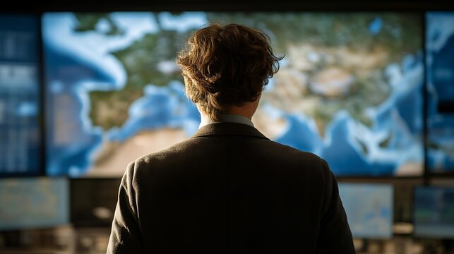 A logistics control tower silhouette double-exposed with real-time maps, cargo routes, and tracking data, visualizing global supply chain coordination. cinematic color correction, natural uneven - Powered by Adobe