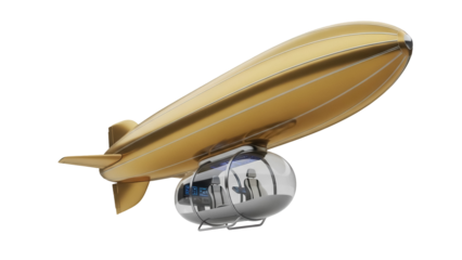 Golden zeppelin PNG isolated on transparent background, vintage airship with transparent cabin for luxury travel and retro design