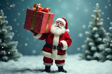 A jolly Santa Claus, standing amidst a snowy winter scene, proudly presents a large festively wrapped gift, symbolizing the spirit of generosity and holiday cheer.