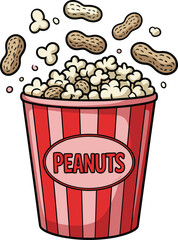 Cartoon Peanuts and Popcorn Overflowing from a Red Striped Bucket Keywords: peanuts, popcorn, snack, food, bucket, red, striped
