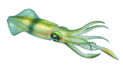 Green squid PNG isolated on transparent background, detailed sea creature with tentacles for marine biology and educational use