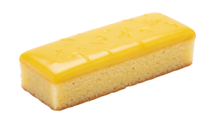 Delicious lemon bar isolated PNG on transparent background, sweet dessert with yellow glaze for bakery and pastry shop use