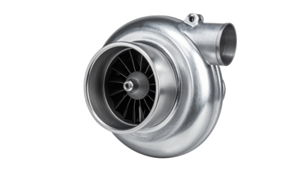 Metal shiny turbocharger car detail on transparent background for auto industry isolated on solid white background