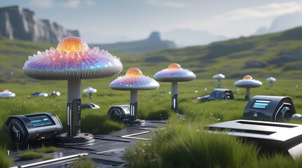 Colorful mushroom towers in a futuristic landscape