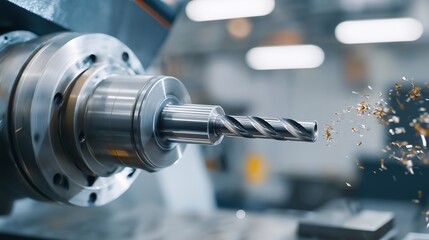Close-up of a CNC lathe shaping stainless steel rods, metal shavings spiraling away to emphasize precision engineering and advanced machining technology. cinematic color correction, natural uneven
