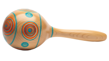 Wooden maraca with colorful swirl design isolated PNG, musical instrument for kids and toddlers on transparent background