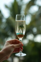Obraz premium Champagne glass with miniature tropical island scene inside