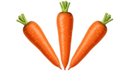 Three bright orange carrots with green tops arranged in a triangular formation isolated on a transparent background
