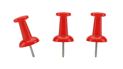 Three bright red push pins with metallic tips in a row isolated on a transparent background office supplies