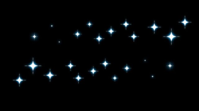 Twinkling stars animation glowing sparkle white cartoon flat vector doodles style blinking light effect on transparent black screen background, starry night sky festive overlay 4K loop