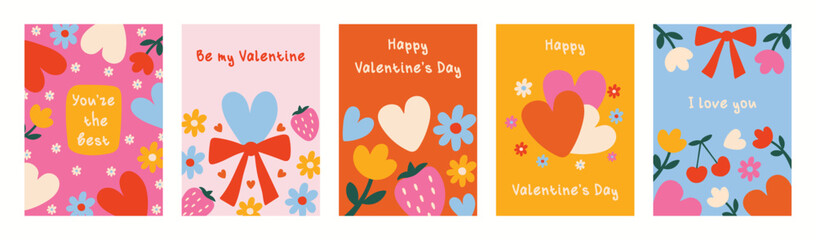 A set of five colorful Valentine's Day greeting cards featuring hearts, flowers, and handwritten messages. A fun design for celebrating love.