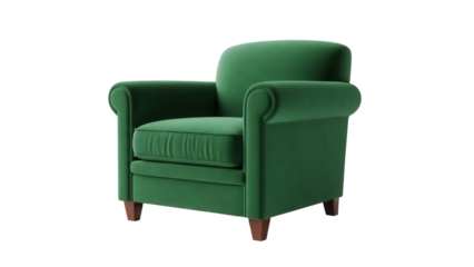 Elegant green armchair PNG isolated on transparent background, comfortable upholstered seat with wooden legs for living room or office