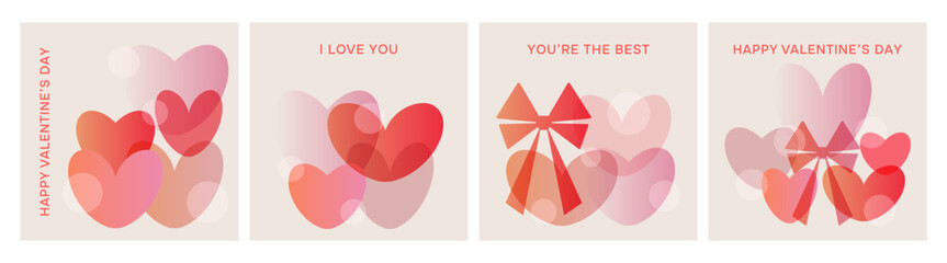 A set of four square greeting cards with red and pink hearts for Valentine's Day. Graphic elements on the theme of love for the holiday.