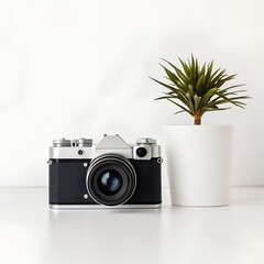 Vintage film camera featuring a prominent lens sitting beside a small green potted succulent plant on a bright white surface