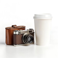 Vintage rangefinder film camera rests beside its brown leather case and a tall white disposable coffee cup against a bright background