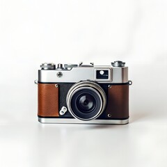 Vintage rangefinder camera featuring classic silver metal and rich brown textured leather body resting isolated on a clean bright white background surface