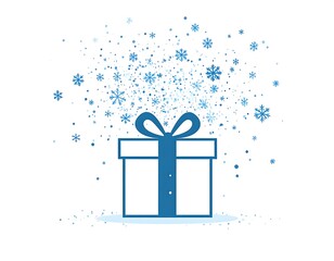 A simple, stylized illustration of a gift box with a blue ribbon, surrounded by a flurry of light blue snowflakes