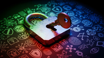 A digital padlock with a key representing security, with data icons in the background. Illustrating internet security and safety
