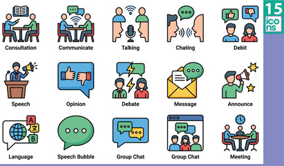 Fototapeta premium Communication icons, talking, chat, speech, opinion, debate, message, meeting, consultation, announce, language, group chat, empathy, advice, conversation, interaction, expression