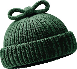 Knitted Green Winter Hat with Bow Detail on White Background Keywords: hat, winter hat, knitted, green, wool, beanie, cap, warm