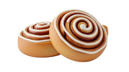 Two spiral pastries with caramel swirls and white icing on isolated on a transparent background pastry