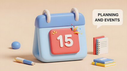 A calendar showing the date of 15 with the words planning and events and some accessories