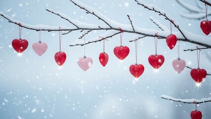 Hearts hanging on snowy branch