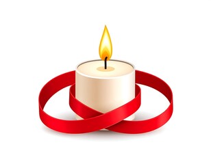 A single, cream-colored candle, encircled by a vibrant red ribbon, sits against a white background.  A small, flickering flame tops the candle