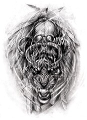 Hand-drawn pencil sketch of a fierce tiger with a skull and horns. High-quality graphic scan, dark art tattoo design, and aggressive animal print. Manual artwork.