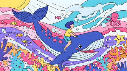 A child joyfully riding on a big blue whale, surrounded by colorful ocean life