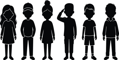 Black silhouettes of diverse young children standing in a row, featuring boys and girls in various casual outfits, isolated, white. © Horgobinda