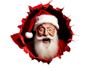 Santa Claus with a white beard and red suit shows a surprised expression as he peeks through a torn red background, embodying holiday cheer and excitement 