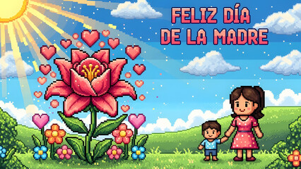 A heartwarming illustration for Mother's Day, featuring a mother and child, blossoming flower