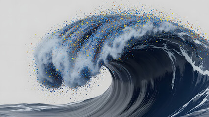 A wave cresting with debris, symbolizing ocean pollution. A visual representation of environmental impact