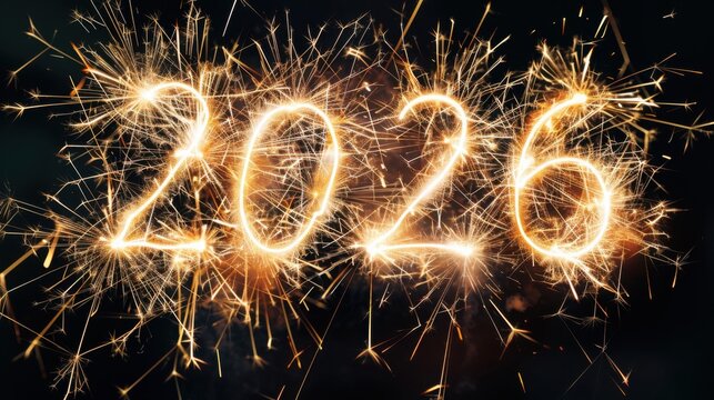 happy new year, new year's eve, silvester, new years eve, celebration greeting card, new year card - Year 2026 in sparkler font and firework fireworks pyrotechnic, isolated black night - Powered by Adobe