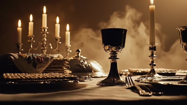 Pesach background with table setting silhouettes calm candle haze for Passover design