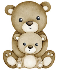 Obraz premium Cute mother and baby brown teddy bears holding each other on a transparent background.