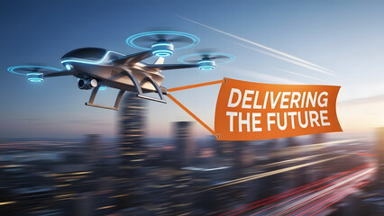 A drone delivering a message over a city, representing innovation and progress. The drone carries a banner with the text Delivering the Future.