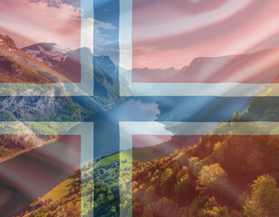 the Norwegian flag with a fjord panorama in the background
