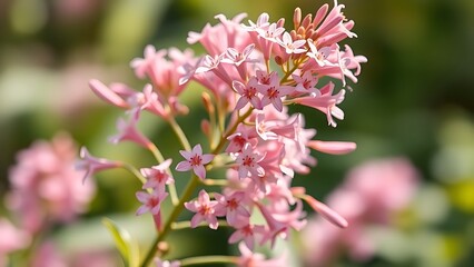 valerian. A cluster of Valerian plants with delicate pink-white flowers swaying in a soft breeze. gardening catalogs, home-decor guides, designed for home decor and floral branding.
