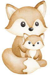 Adorable fox family illustration with mother and baby on transparent background.